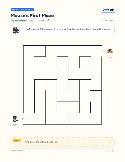 Sample page: day 11, Mouse's First Maze